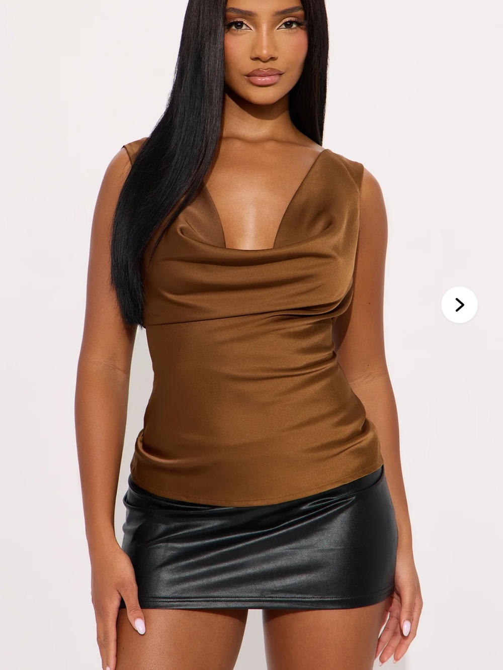 Fashion Nova Satin Draped Cowl Tank Top in Brown